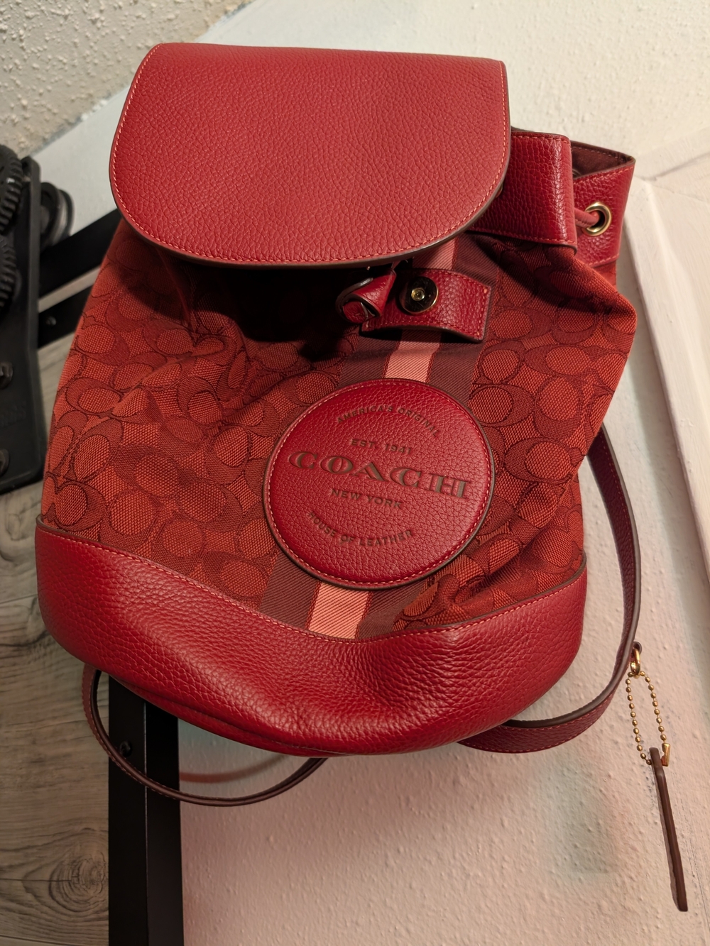 Coach Red Signature Canvas & Leather Drawstring Backpack with Stripe